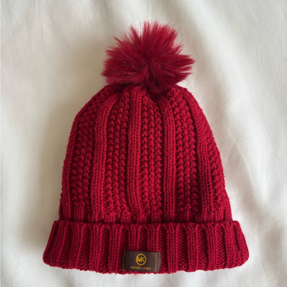 Michael Kors bright red cable knit beanie with faux Pom Pom holiday hat ski wear